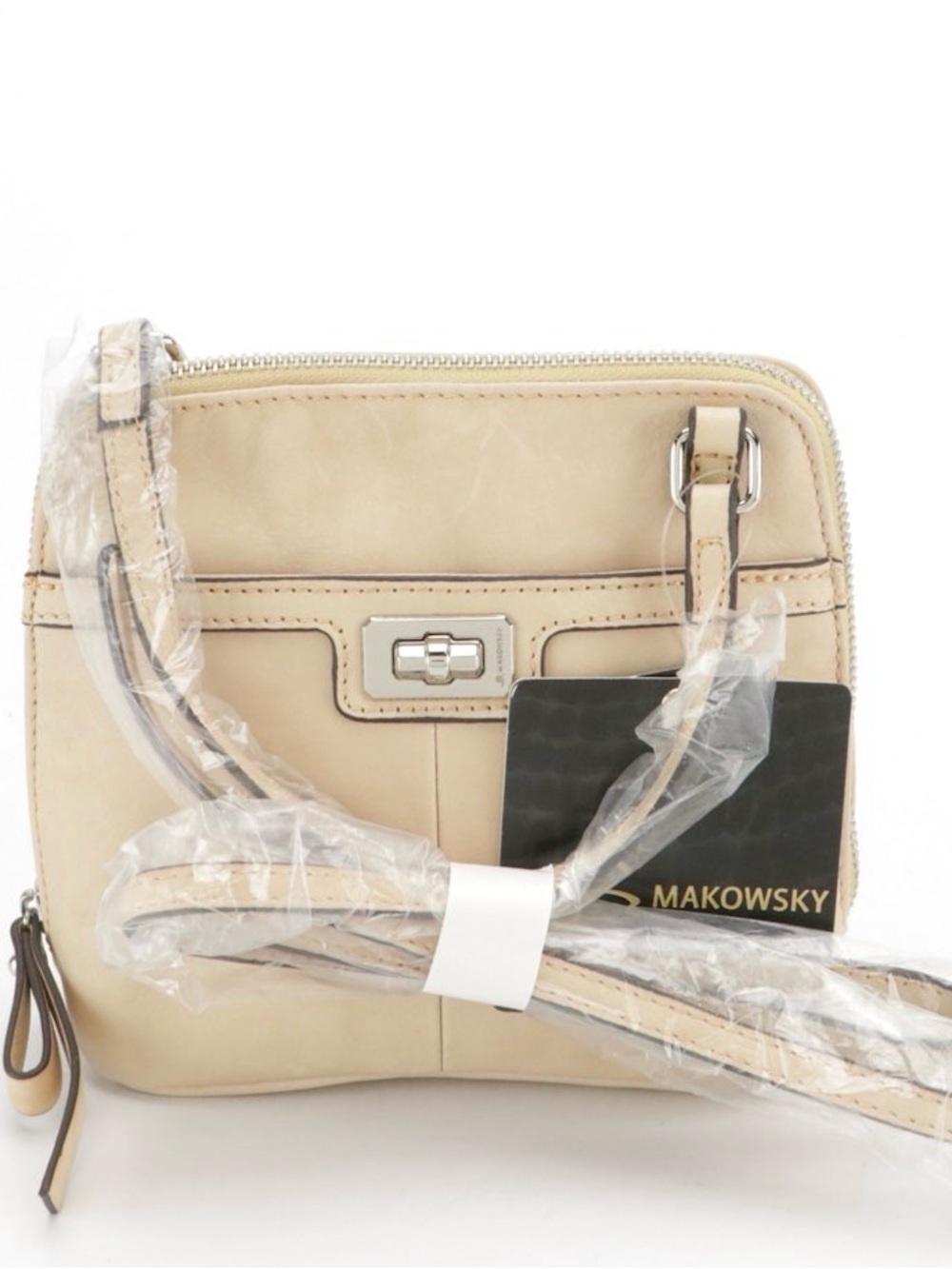 b. makowsky Beige Leather Crossbody with Silver-Tone Turn Lock